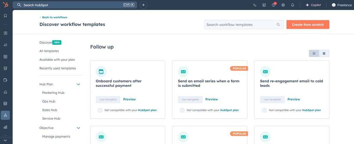 HubSpot visual automation builder interface showing drag-and-drop workflow creation with triggers, actions, and templates